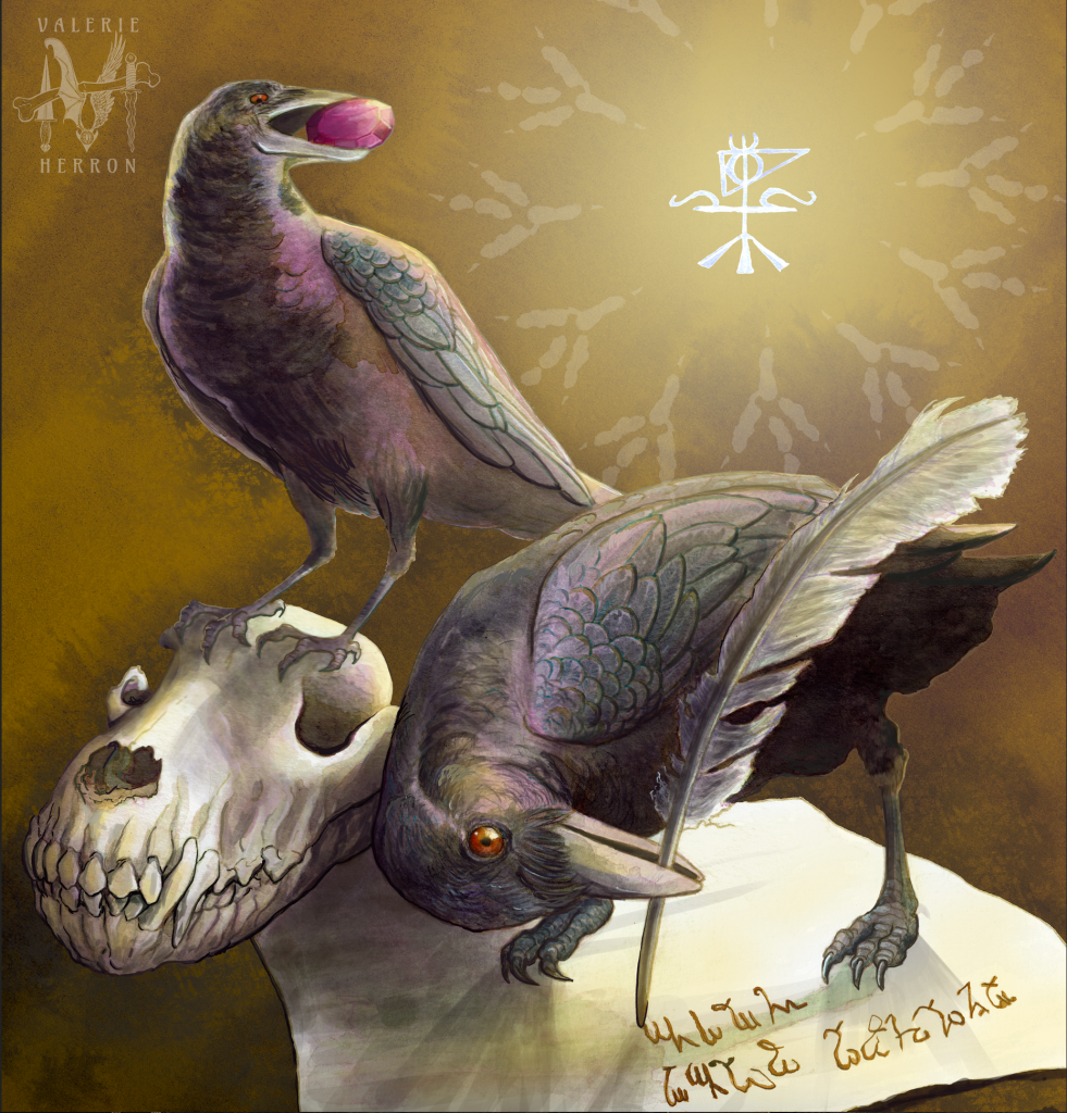 Image Description: A mixed media painting of two, green-blue-purple iridescent crows against a rough textured, ochre background. One crow is in the foreground, with a writing quill in it's beak. It writes in the Theban script upon the parchment it is standing on. (Transcription: Please send corn) The crow in the background stands upon a coyote's skull. The crow holds in their beak a ruby hued, *Corvia stone. In the upper right hand corner of the composition, a sigil comprised of runes and alchemical symbols forms a pictographic sigil of a crow. It is surrounded by a circle of faint, crow foot prints.